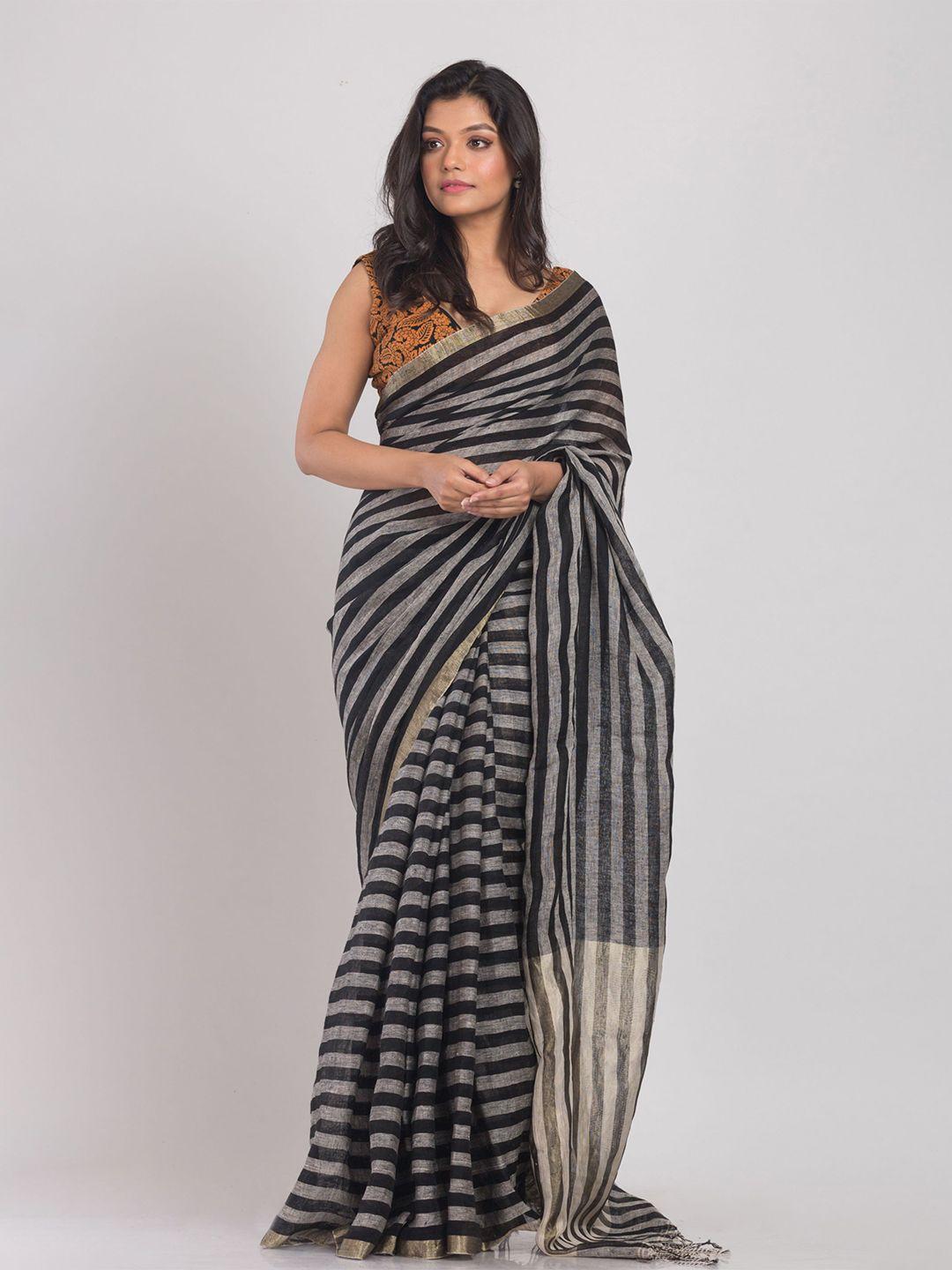 angoshobha striped woven design zari pure linen saree