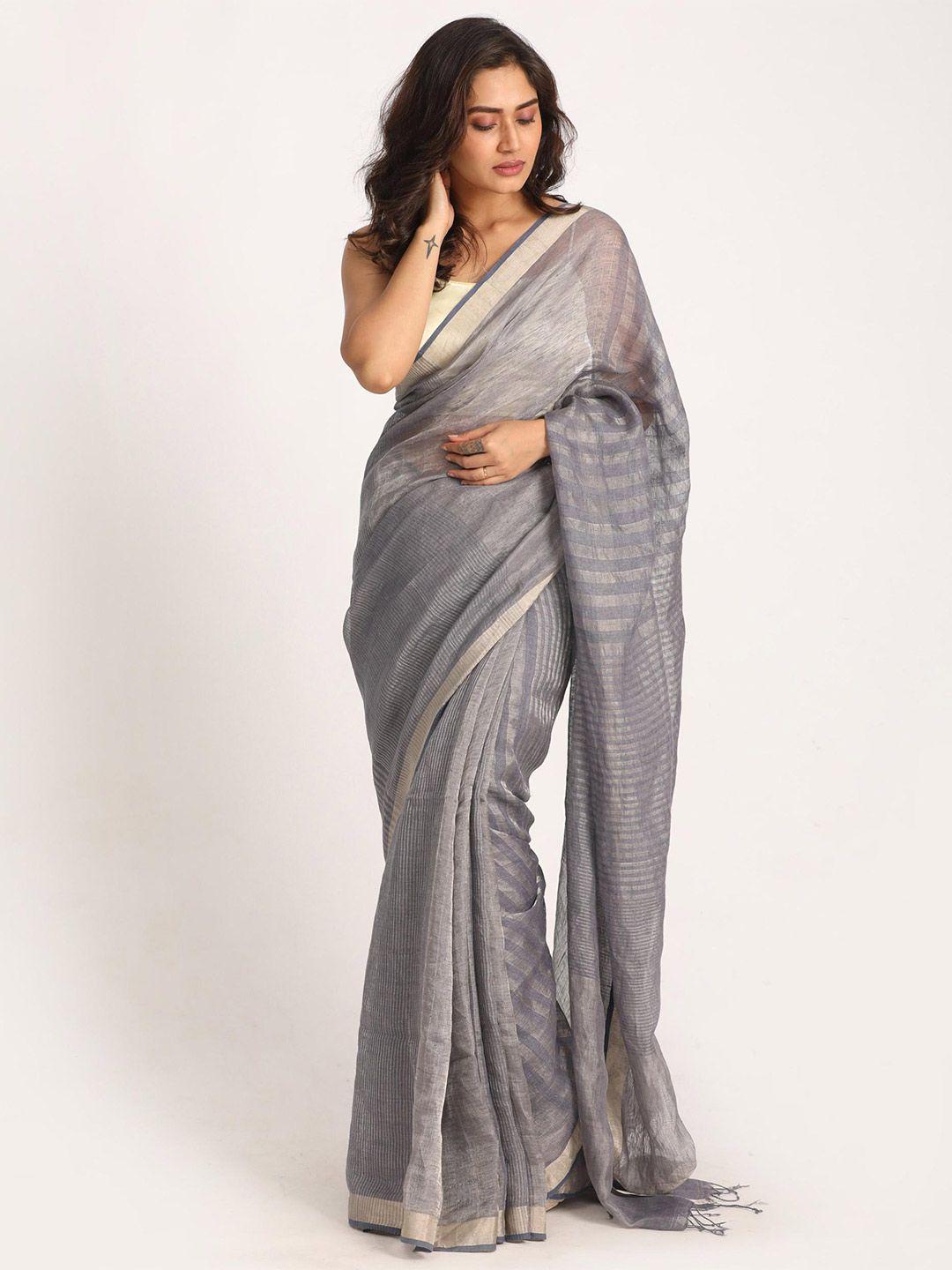 angoshobha striped zari pure linen saree