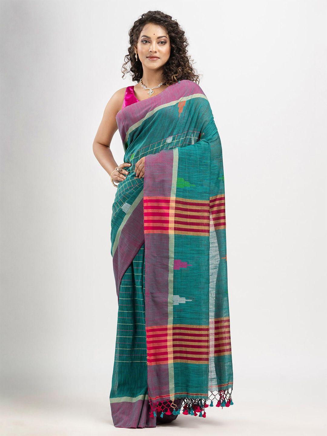 angoshobha teal woven design pure cotton handloom saree