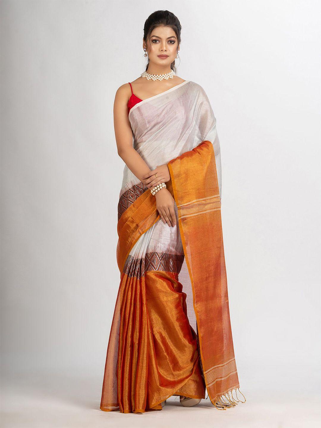 angoshobha white & gold-toned zari saree