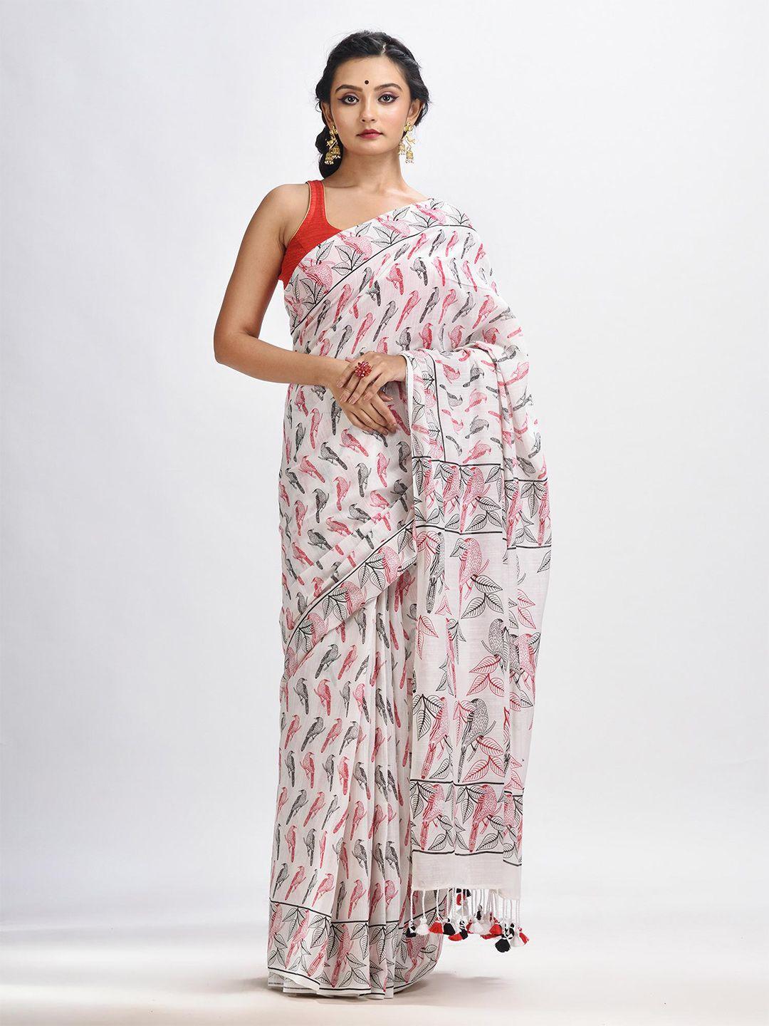 angoshobha white woven design handloom saree