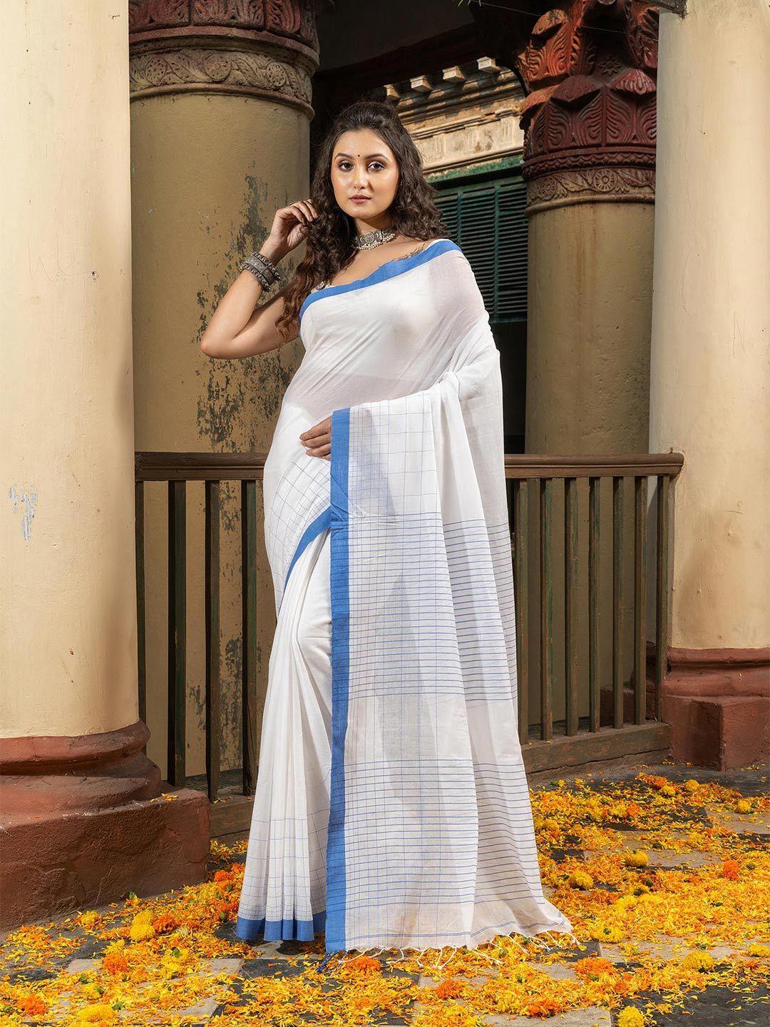 angoshobha white woven design pure cotton handloom saree