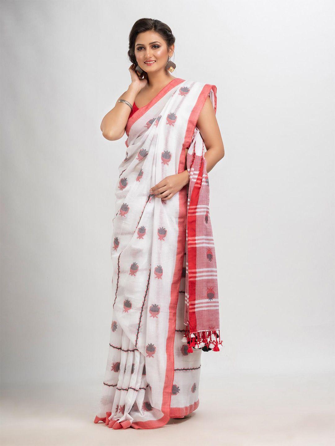 angoshobha white woven design pure cotton handloom saree