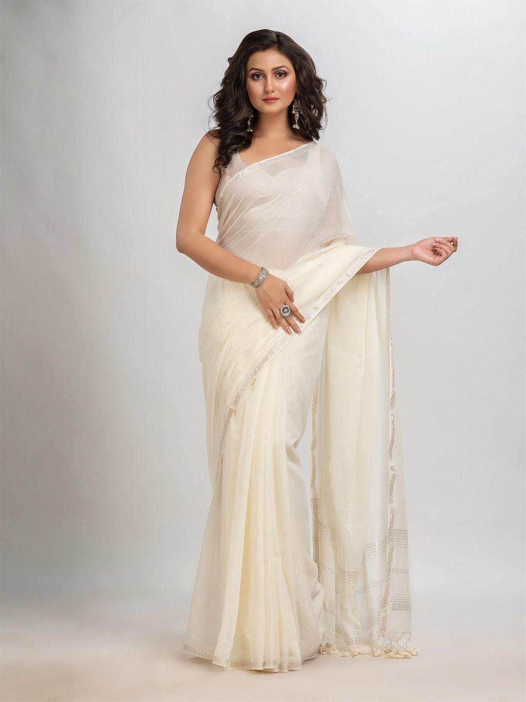 angoshobha white woven design pure cotton handloom saree