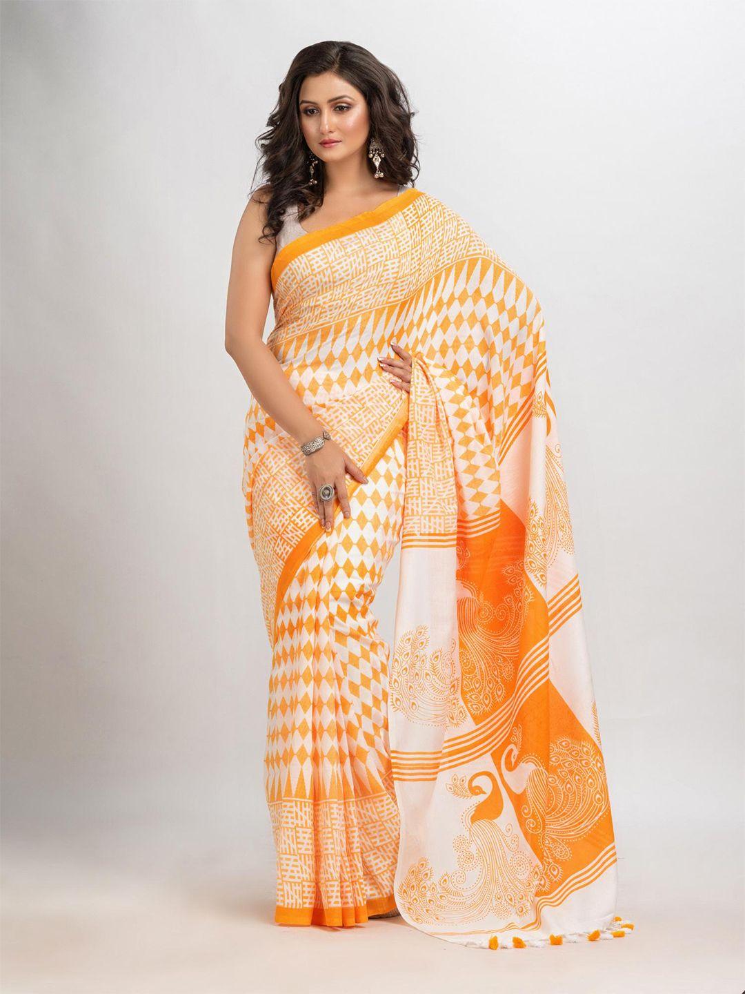 angoshobha white woven design pure cotton handloom saree