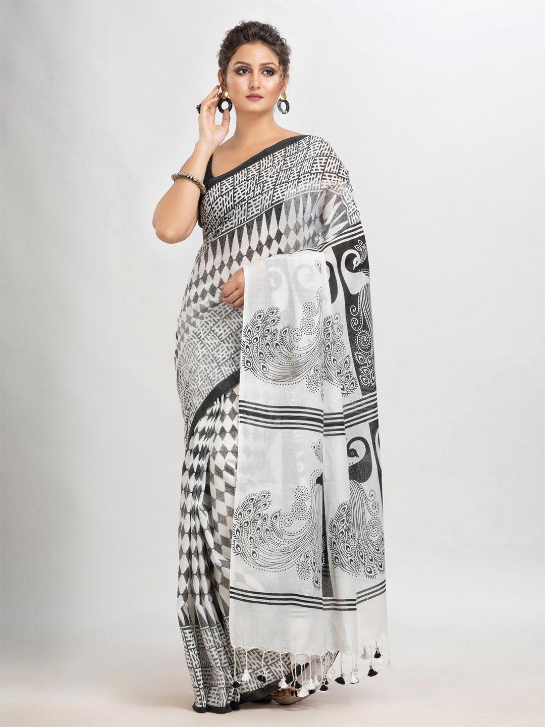 angoshobha white woven design pure cotton handloom saree