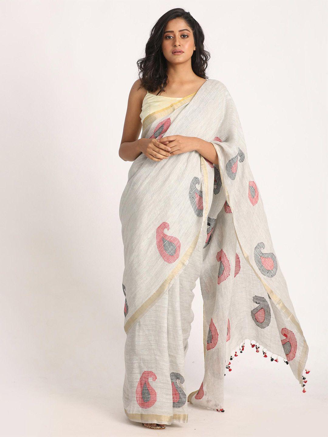 angoshobha woven design pure linen jamdani saree