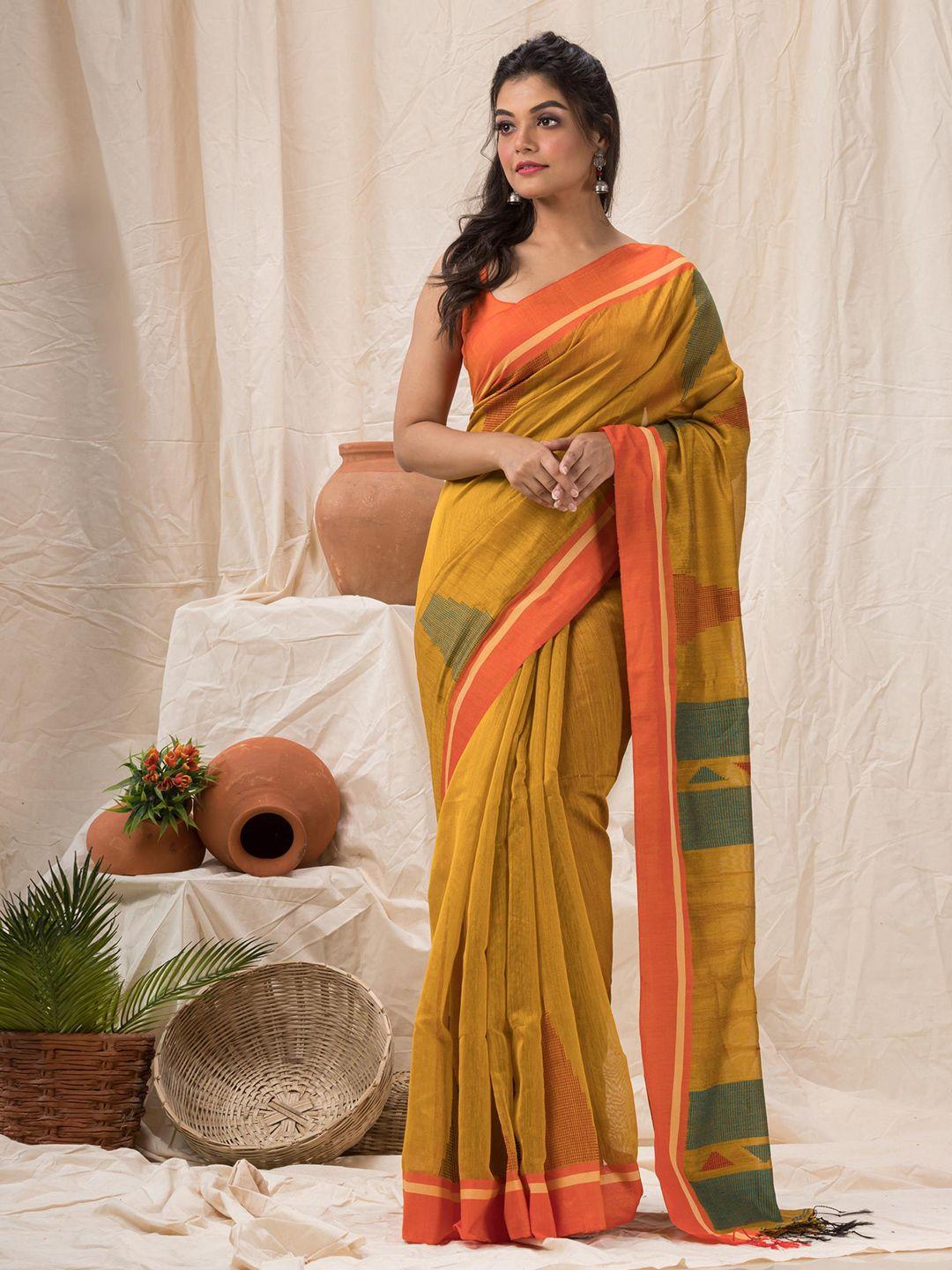 angoshobha yellow woven design handloom jamdani saree