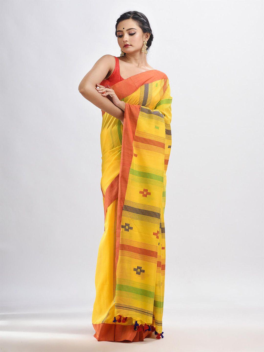 angoshobha yellow woven design pure cotton handloom jamdani saree