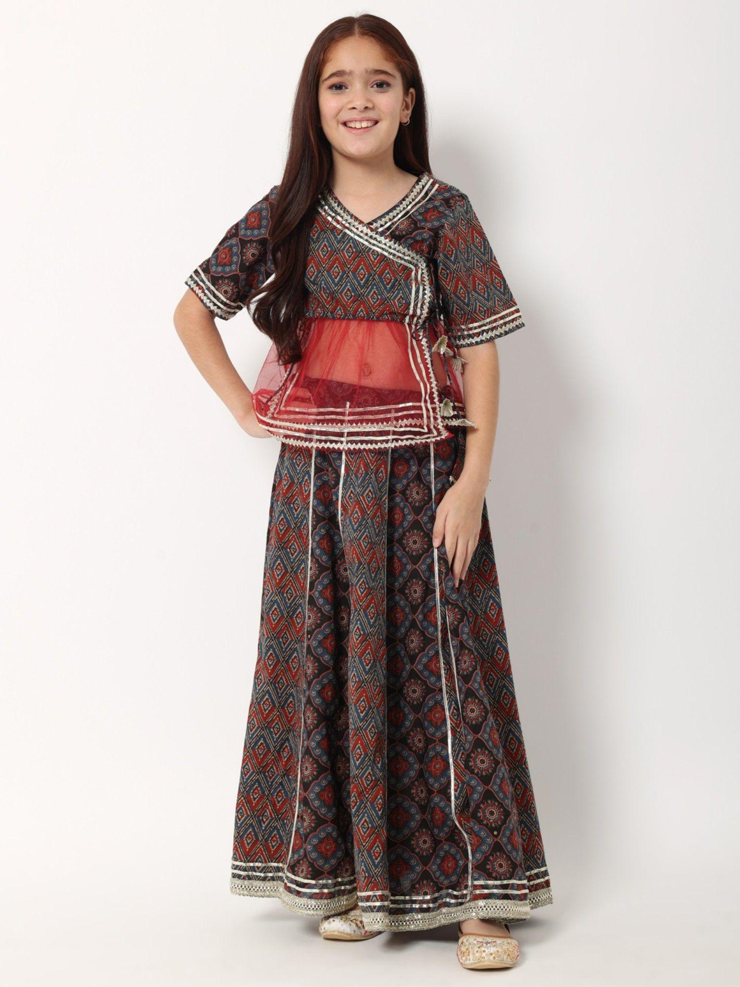 angrakha style cotton fabric maroon lehenga (set of 2)