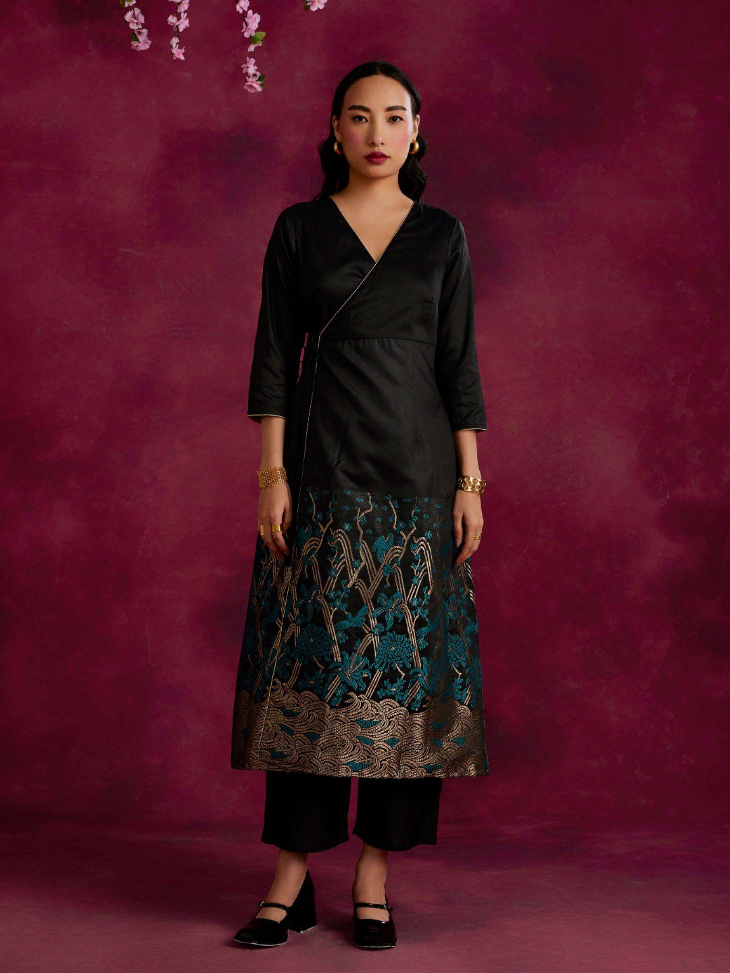 angrakha kurta with zari work hem black