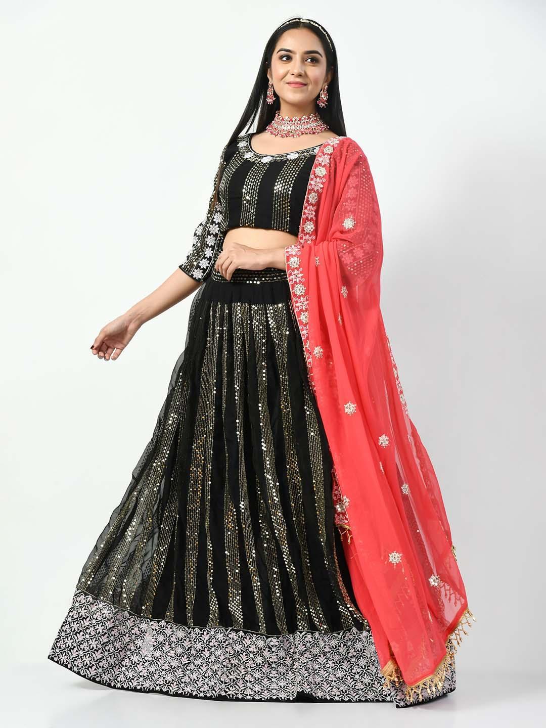angroop black & pink embellished sequinned semi-stitched lehenga & unstitched blouse with dupatta