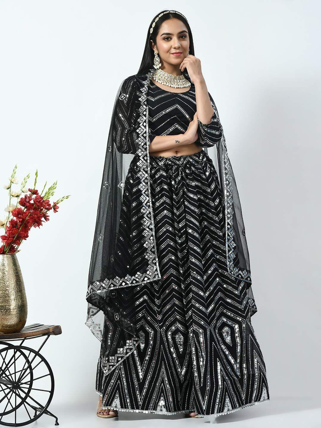 angroop black & silver-toned embellished sequinned semi-stitched lehenga & unstitched blouse with dupatta