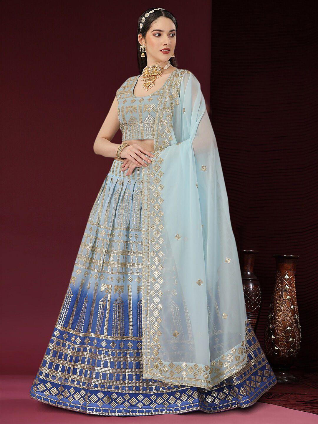 angroop blue & green embroidered sequinned semi-stitched lehenga & unstitched blouse with dupatta