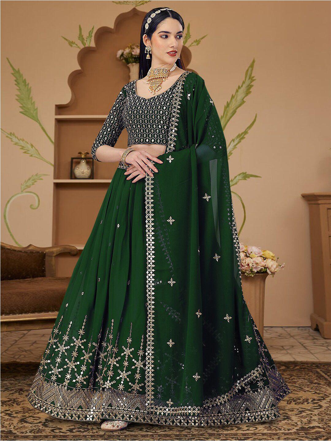 angroop green & gold-toned embroidered sequinned semi-stitched lehenga & unstitched blouse with dupatta