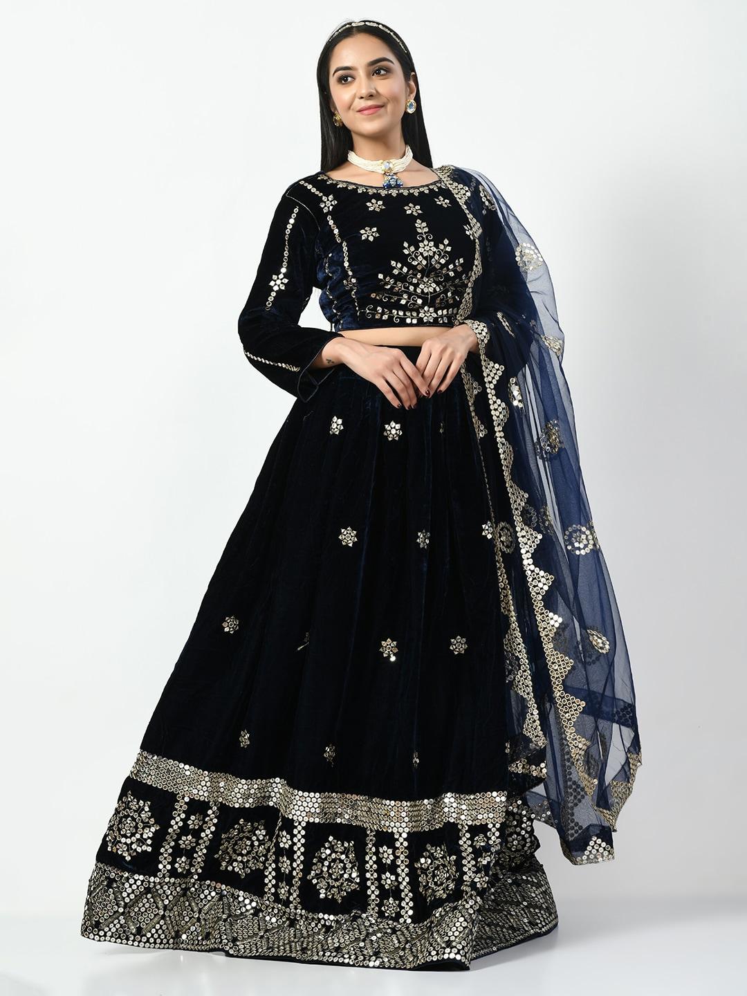angroop navy blue & gold-toned embellished sequinned semi-stitched lehenga & unstitched blouse with dupatta