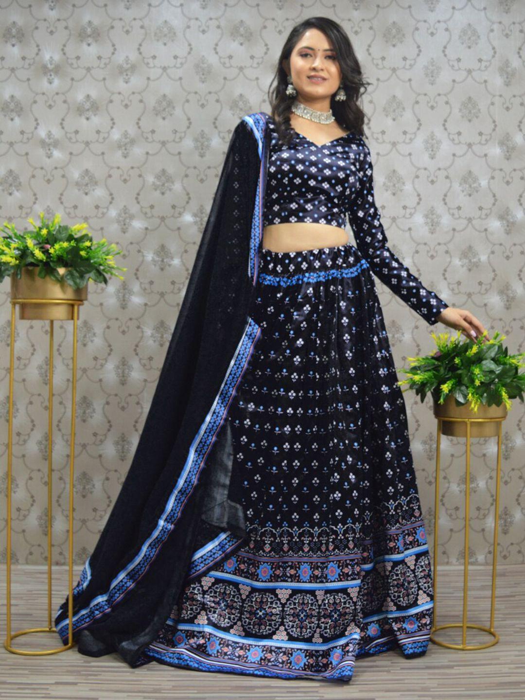angroop navy blue & pink printed semi-stitched lehenga & unstitched blouse with dupatta
