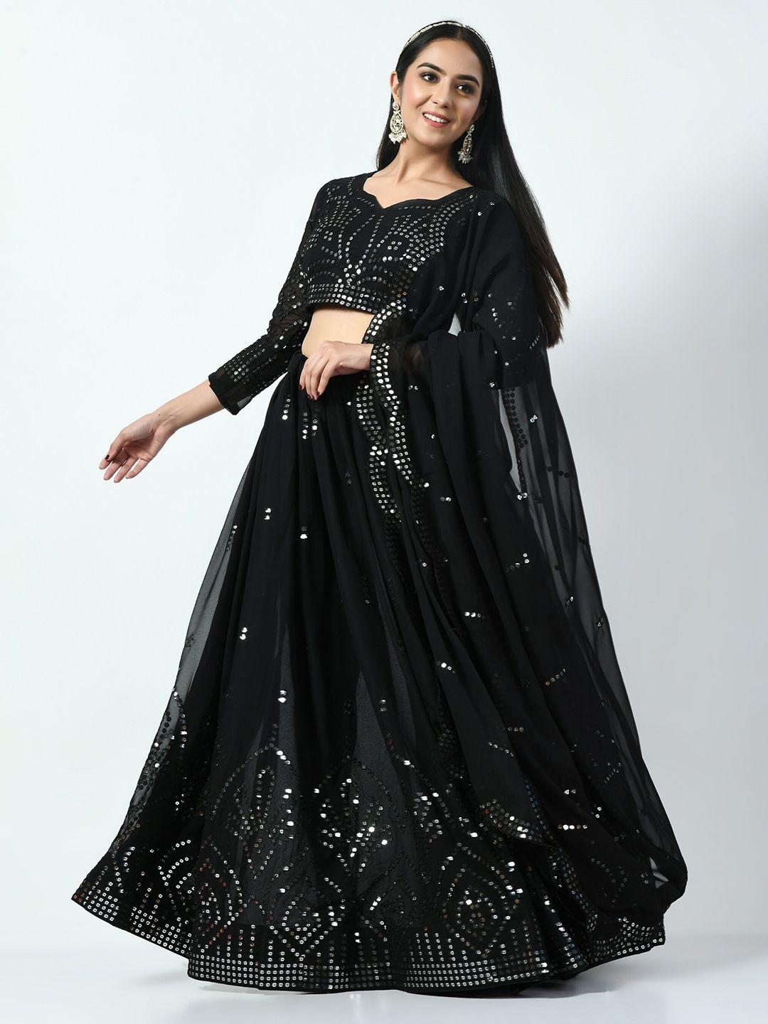 angroop black embellished sequinned semi-stitched lehenga & unstitched blouse with dupatta