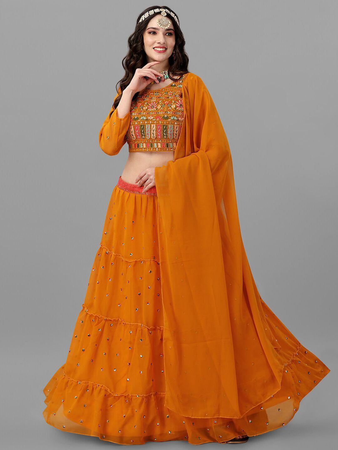 angroop embroidered thread work semi-stitched lehenga & unstitched blouse with dupatta