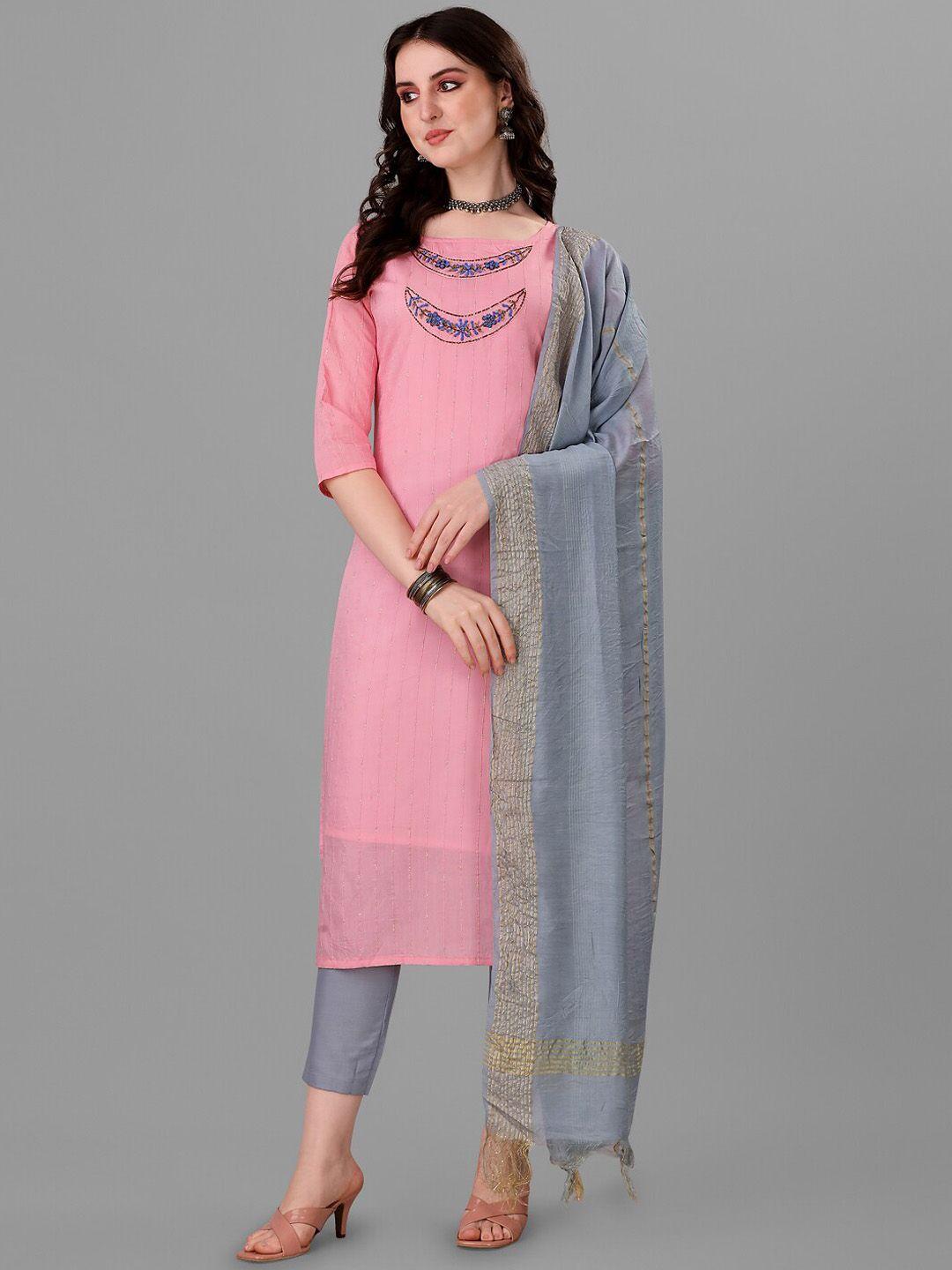 angroop floral embroidered beads & stones pure cotton kurta with trousers & dupatta