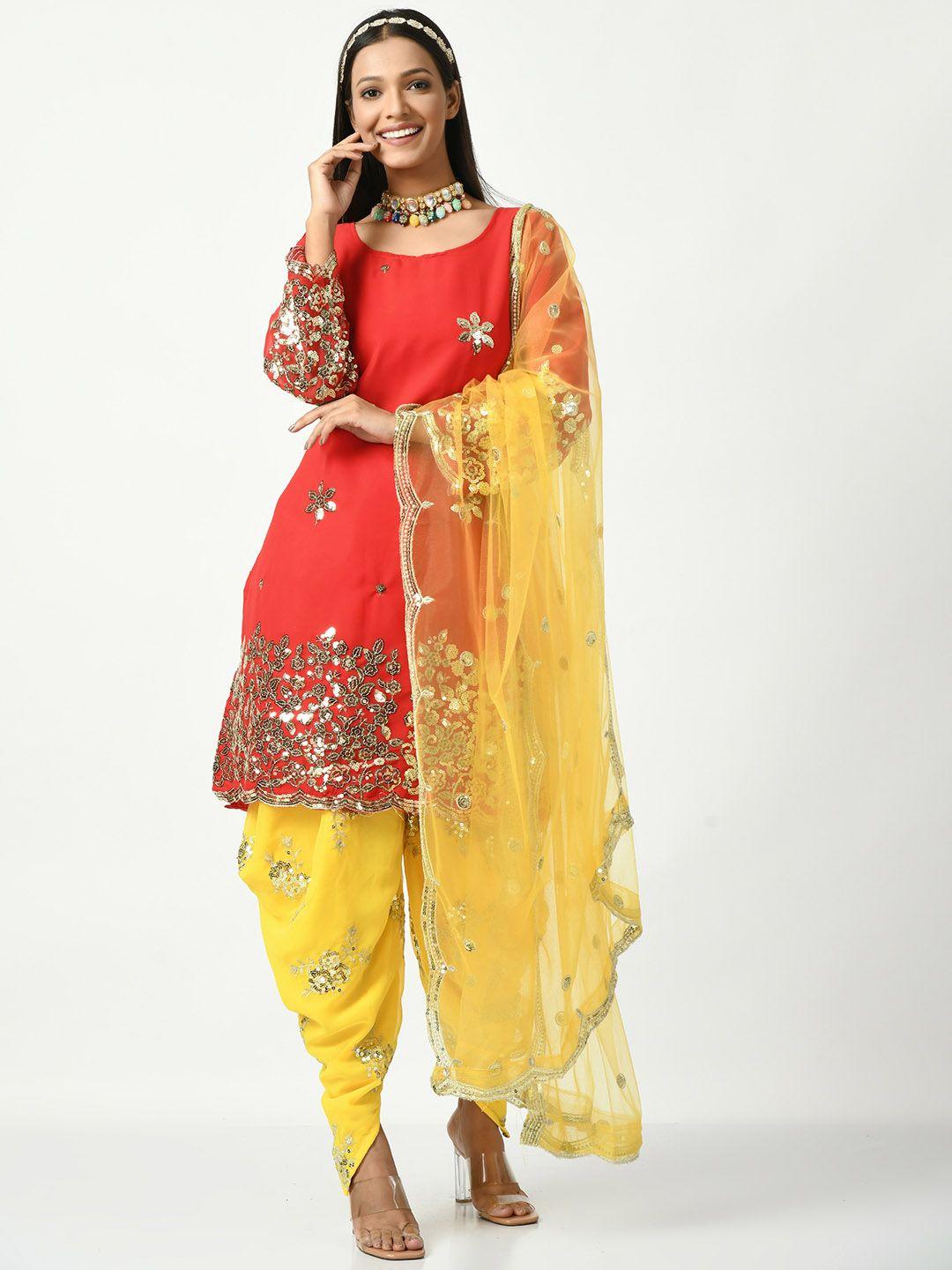 angroop floral embroidered round neck sequinned straight kurta with patiala & dupatta