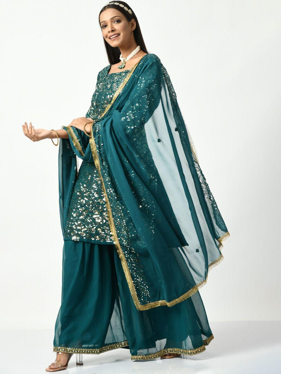 angroop floral embroidered sequined grandeur & majestic work kurta & sharara with dupatta