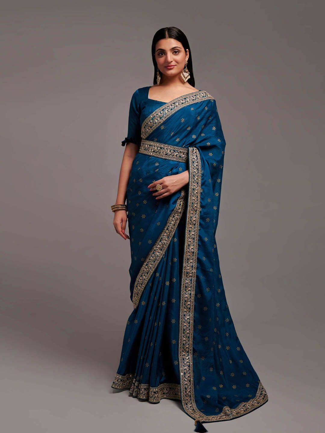 angroop floral embroidered silk cotton belted saree