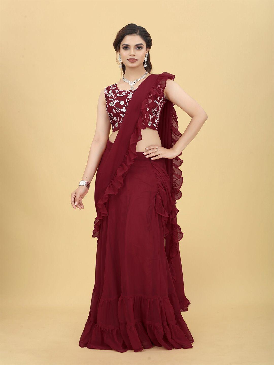angroop maroon embroidered semi-stitched lehenga & unstitched blouse with dupatta