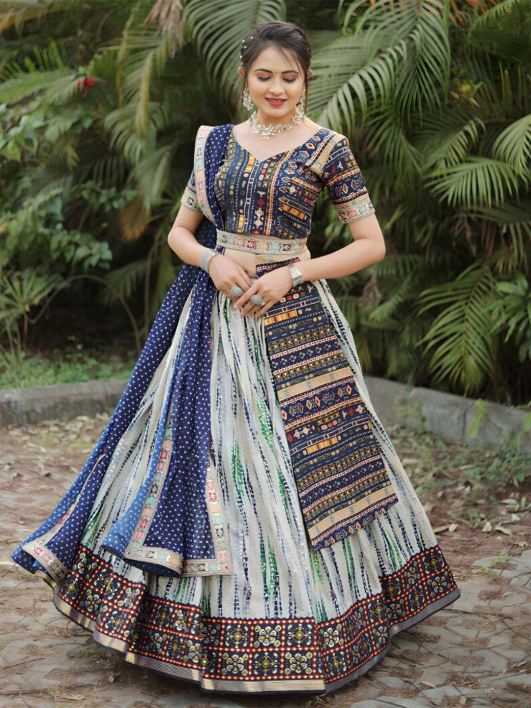 angroop off white & blue printed ready to wear lehenga & blouse with dupatta