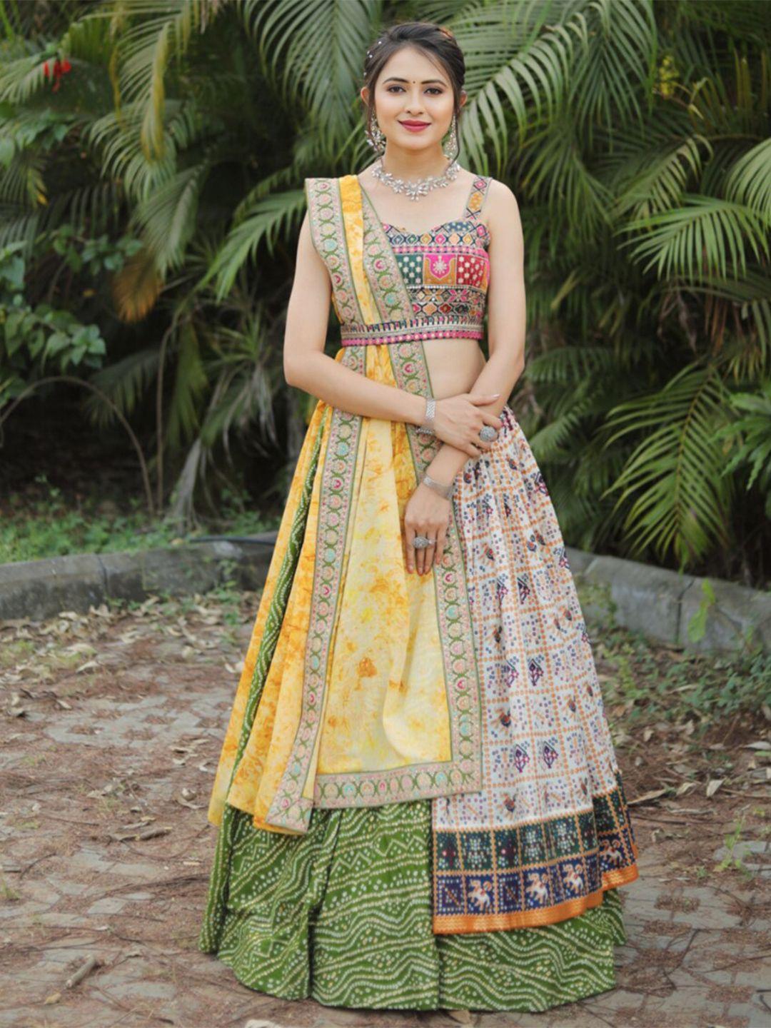 angroop off white & yellow embroidered thread work ready to wear lehenga & blouse with dupatta