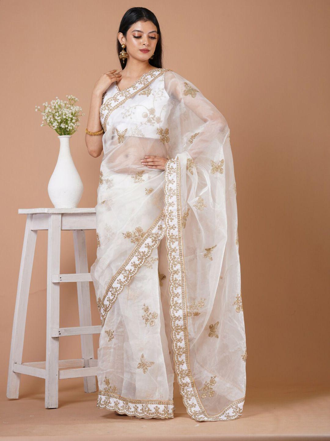 angroop off white floral embroidered organza saree