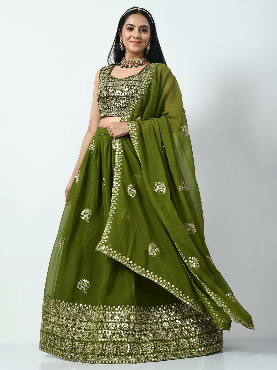 angroop olive green & gold-toned embellished sequinned semi-stitched lehenga & unstitched blouse with dupatta