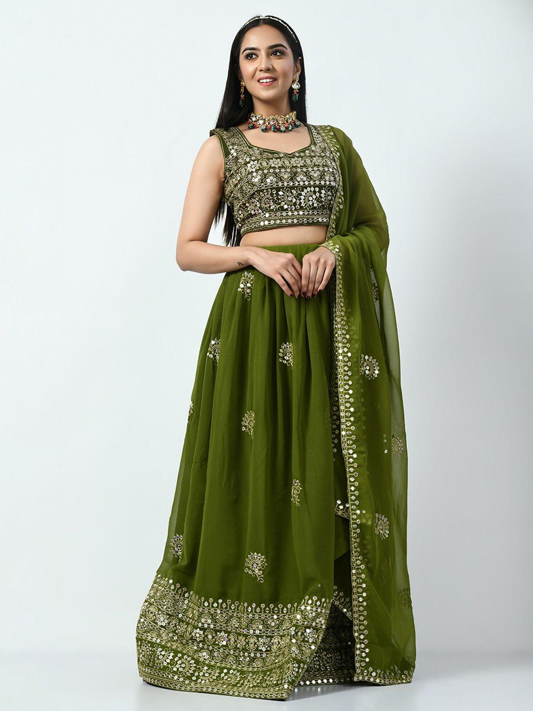 angroop olive green & gold-toned embellished sequinned semi-stitched lehenga & unstitched blouse with dupatta