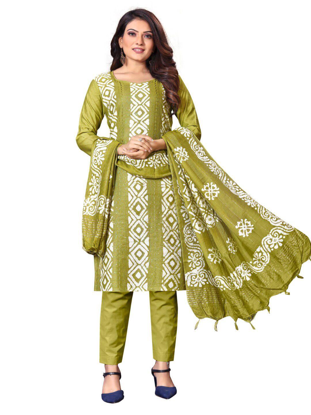 angroop olive green & white printed unstitched dress material