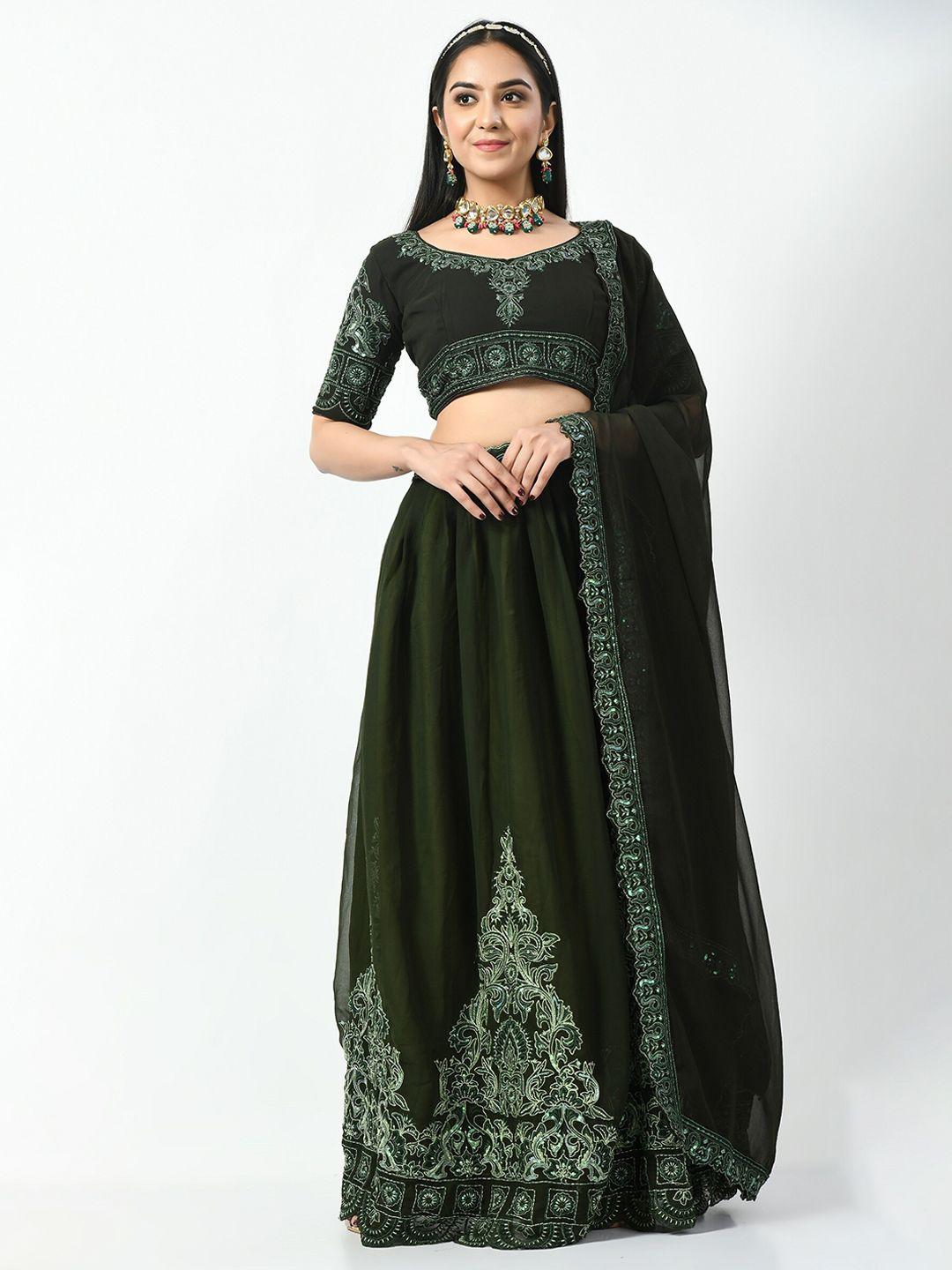 angroop olive green embroidered sequinned semi-stitched lehenga & unstitched blouse with dupatta