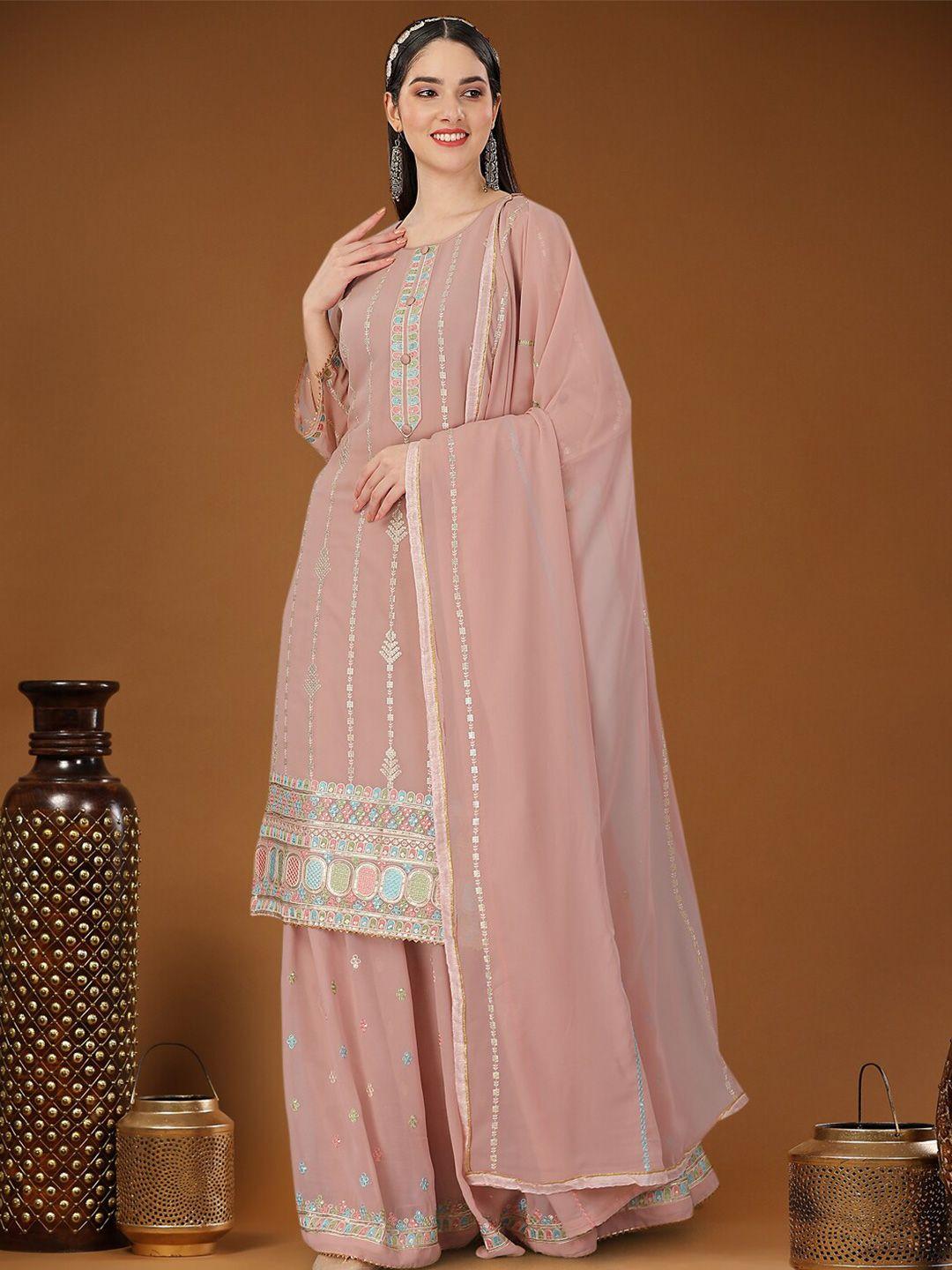 angroop peach-coloured & green embellished semi-stitched dress material