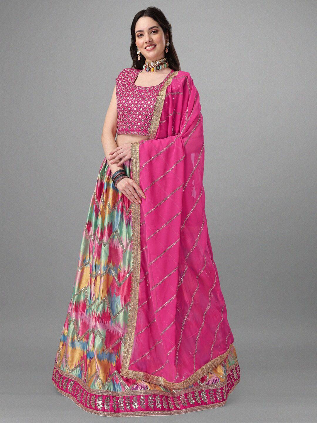 angroop pink & blue embroidered semi-stitched lehenga & unstitched blouse with dupatta