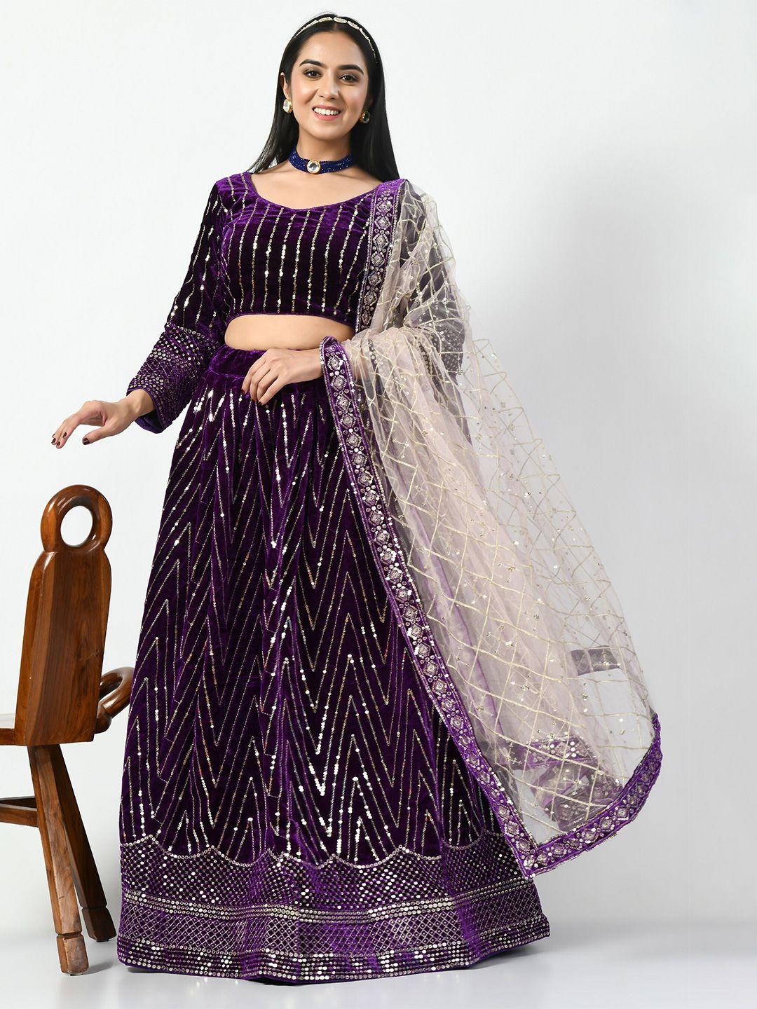 angroop purple & gold-toned embellished sequinned semi-stitched lehenga & unstitched blouse with dupatta