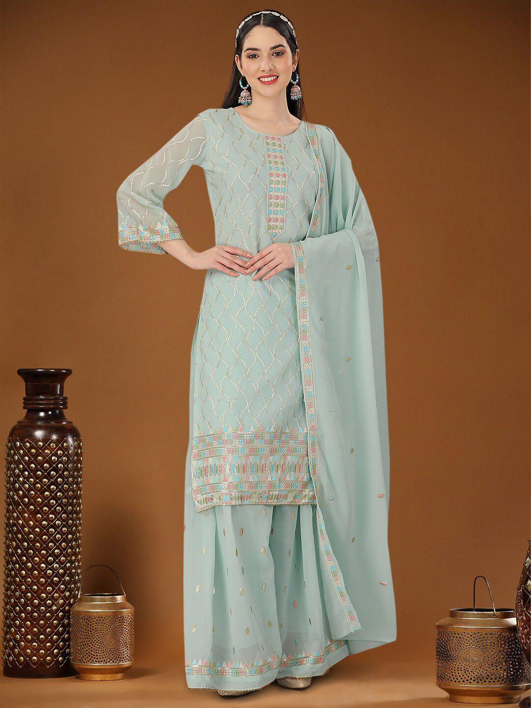 angroop turquoise blue & gold-toned embellished semi-stitched dress material