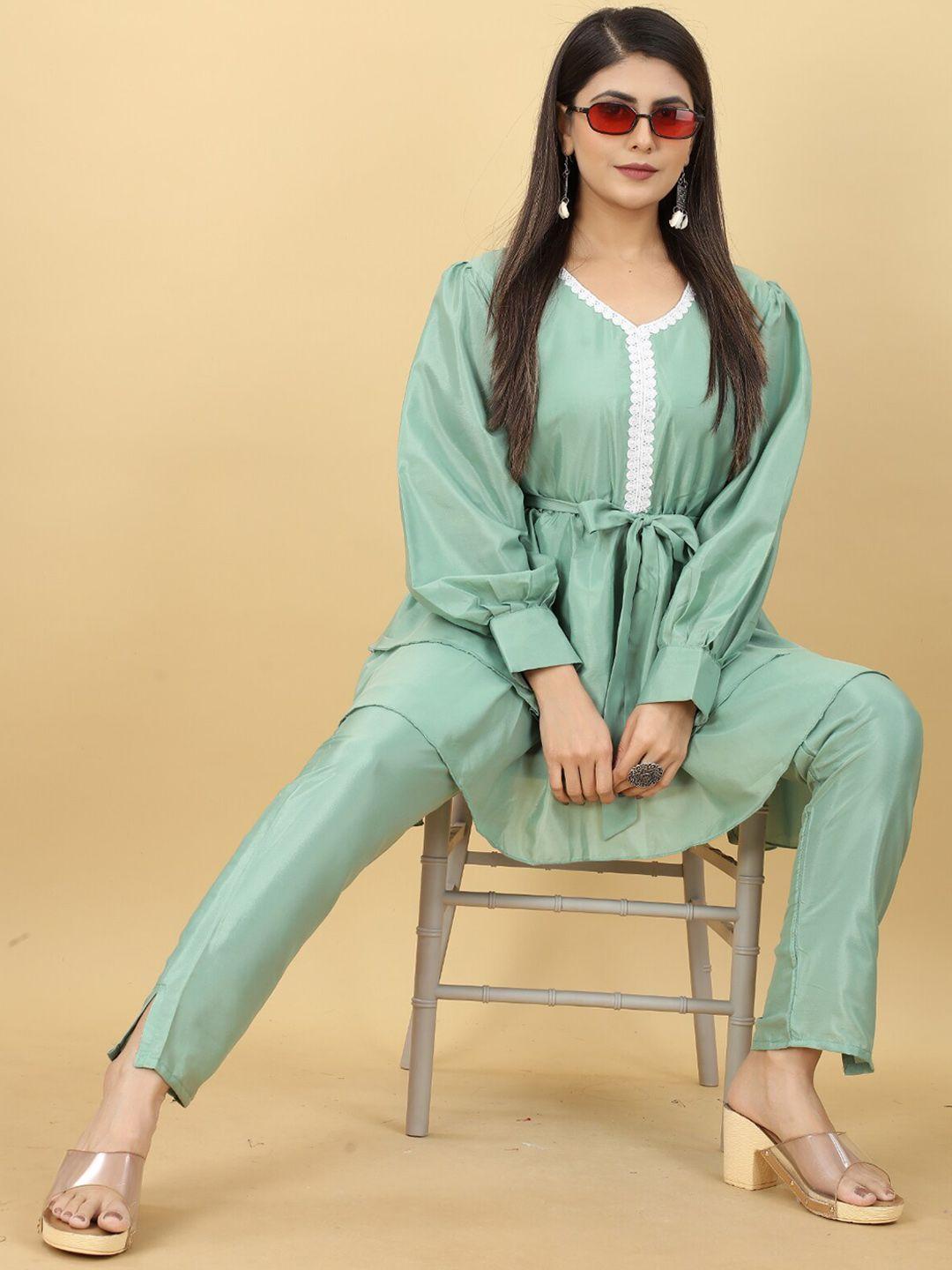 angroop v-neck long sleeve ruffled tunic with trousers