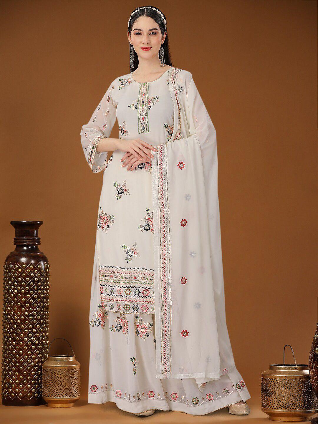 angroop white & green embellished semi-stitched dress material