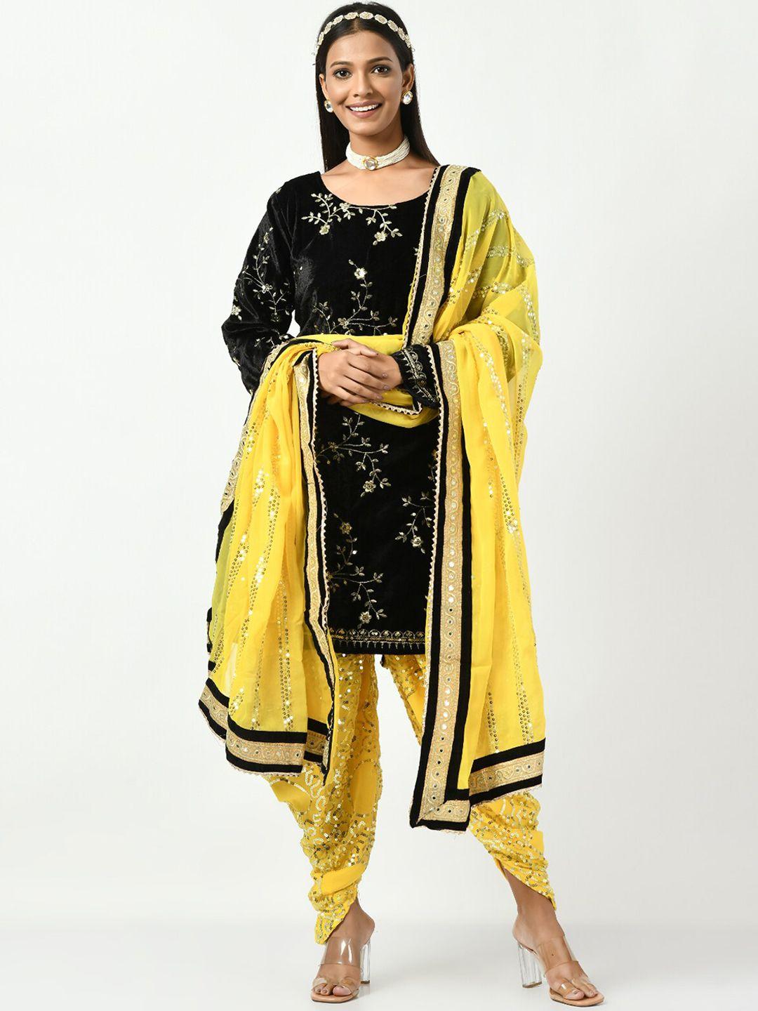 angroop women black floral embroidered regular sequinned velvet kurta with patiala & with dupatta