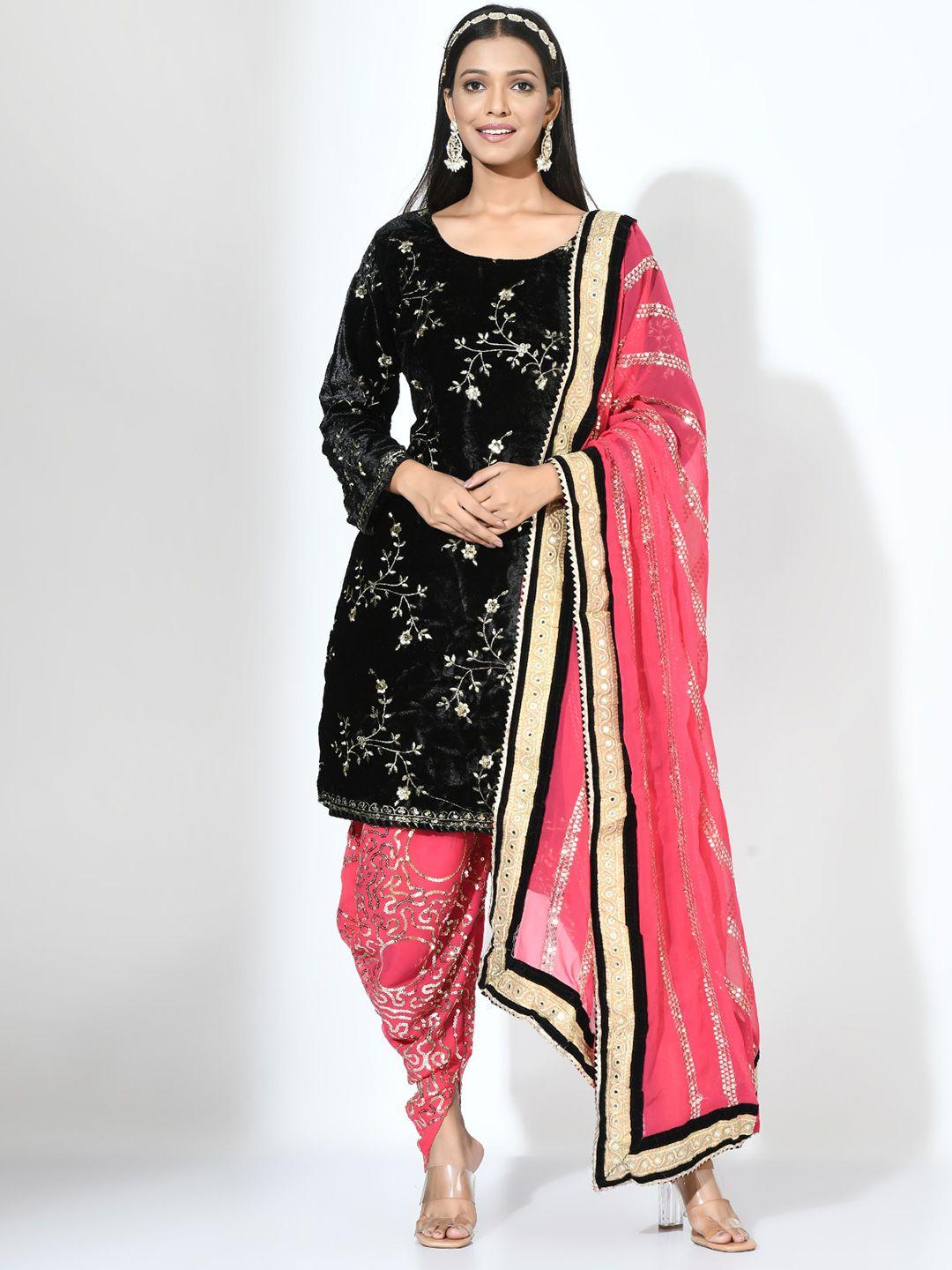 angroop women black floral embroidered regular sequinned velvet kurta with patiala & with dupatta