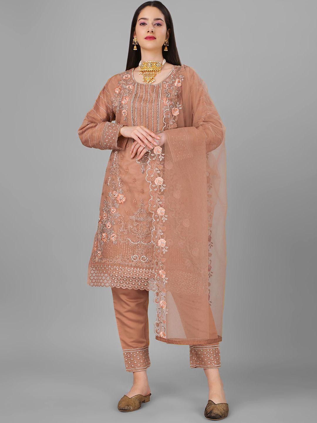 angroop women brown floral embroidered regular thread work kurta with trousers & with dupatta