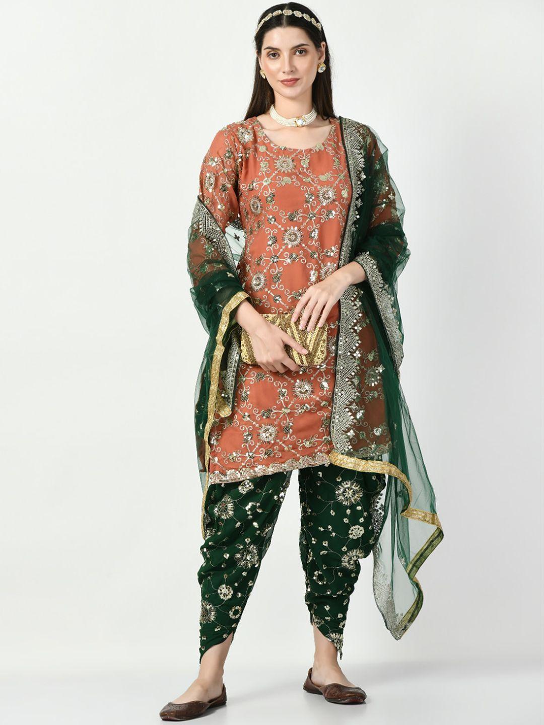 angroop women copper-toned floral embroidered regular sequinned kurta with patiala & with dupatta