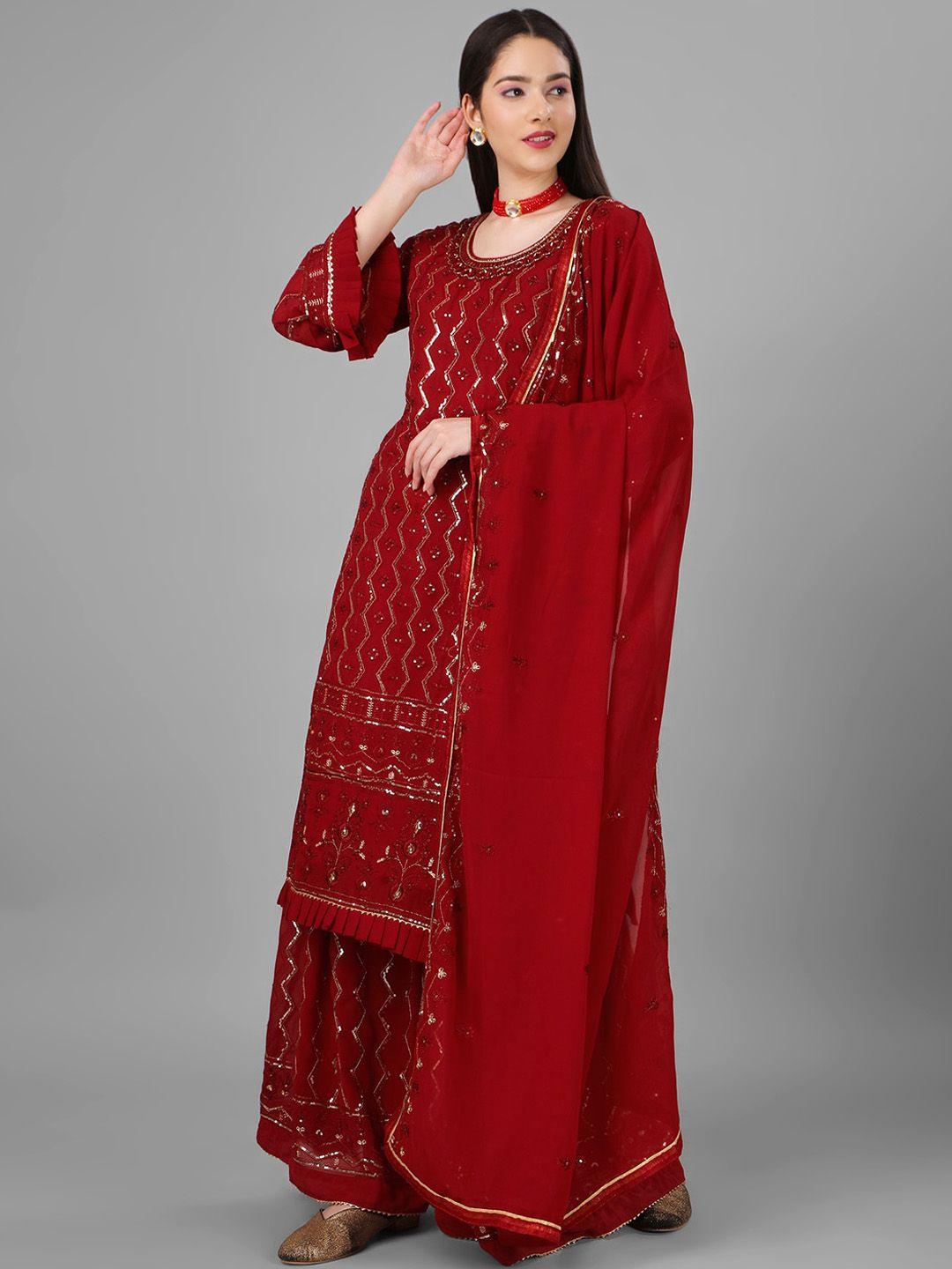 angroop women maroon embroidered regular sequinned kurta with palazzos & with dupatta