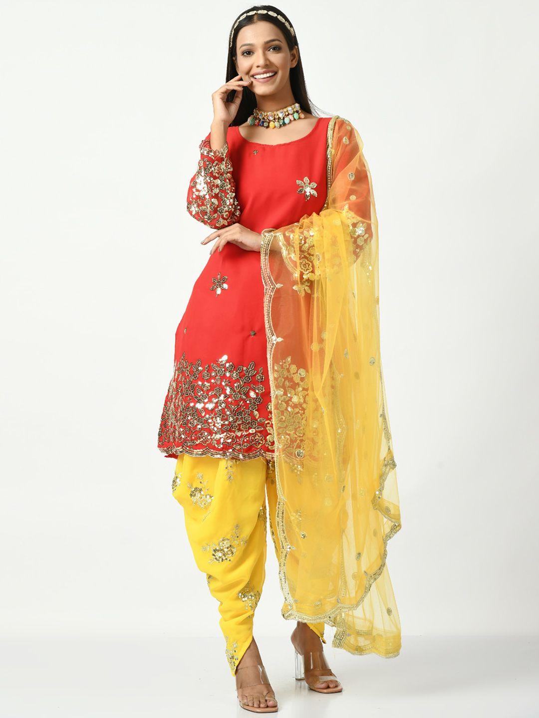 angroop women red floral embroidered regular sequinned kurta with patiala & with dupatta