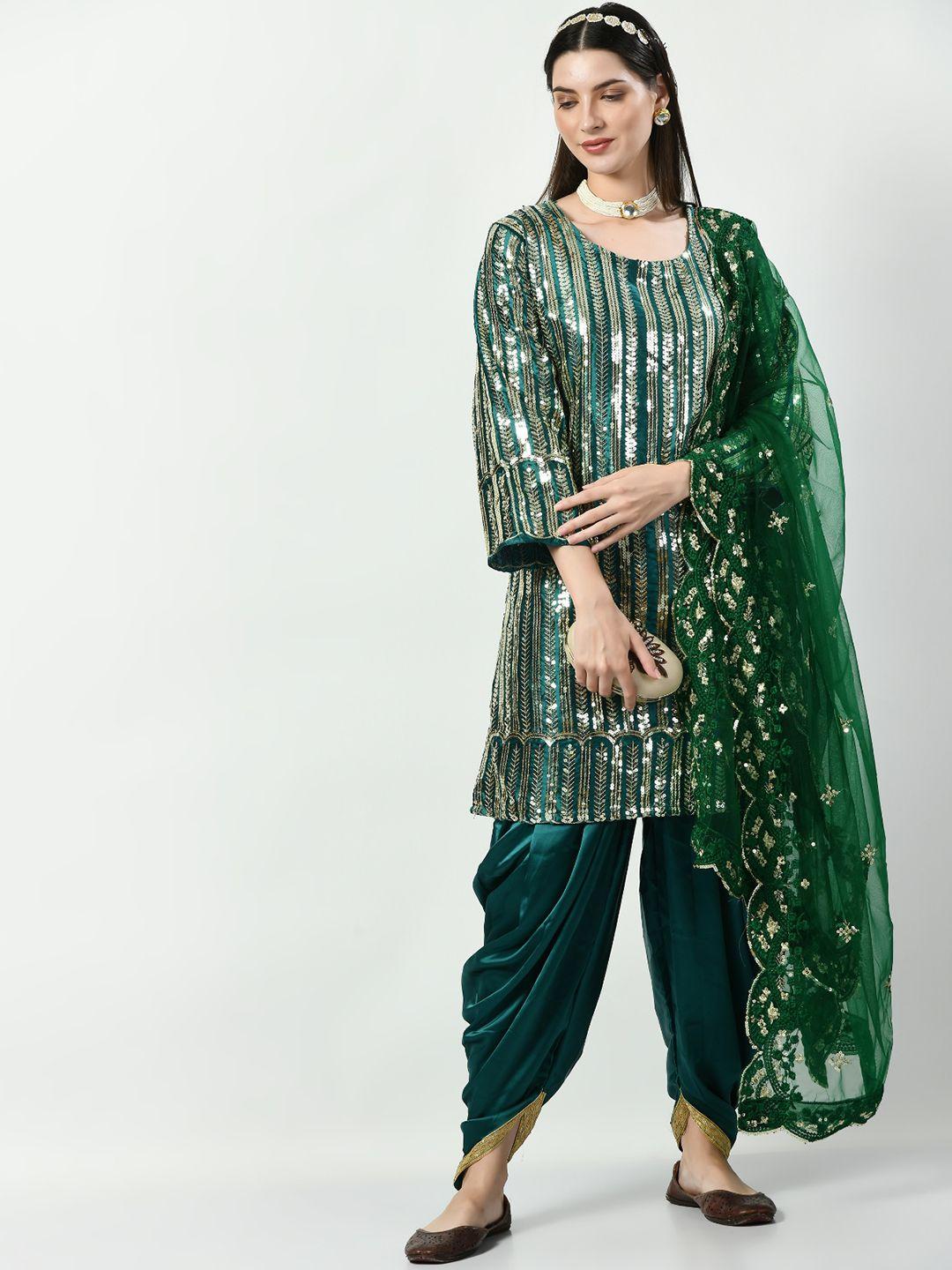 angroop women teal embroidered regular sequinned kurta with patiala & with dupatta