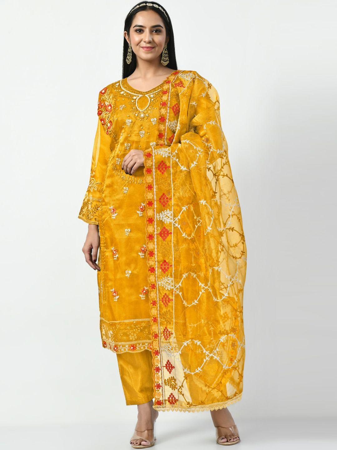 angroop women yellow ethnic motifs embroidered regular aari work kurta with salwar & with dupatta