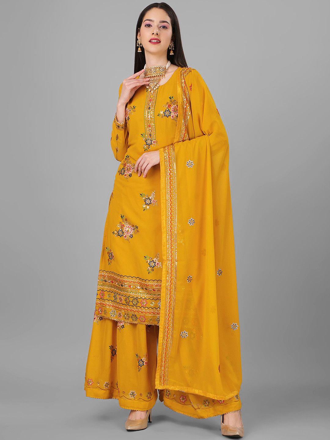 angroop women yellow floral embroidered regular thread work kurta with palazzos & with dupatta